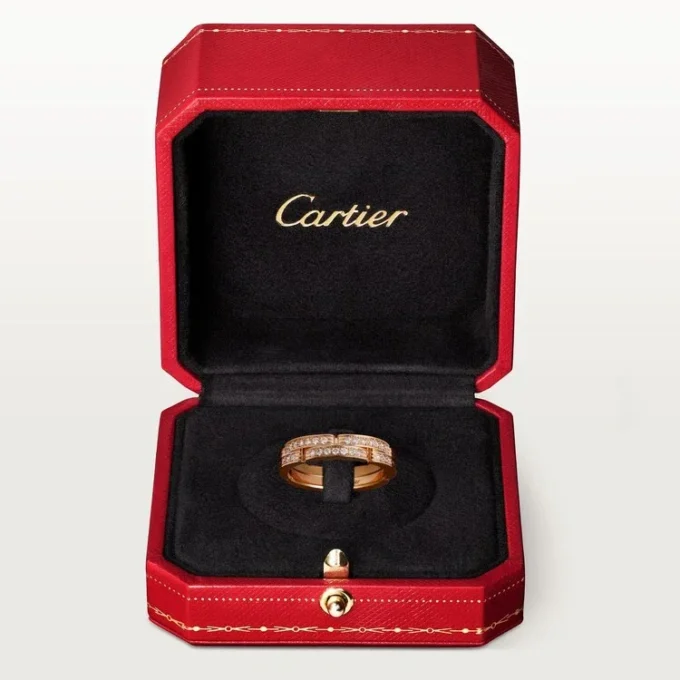 Alianza Maillon Panthere delgada, 2 filas con medio pavé de diamantes – Oro rosa, diamantes – Cartier