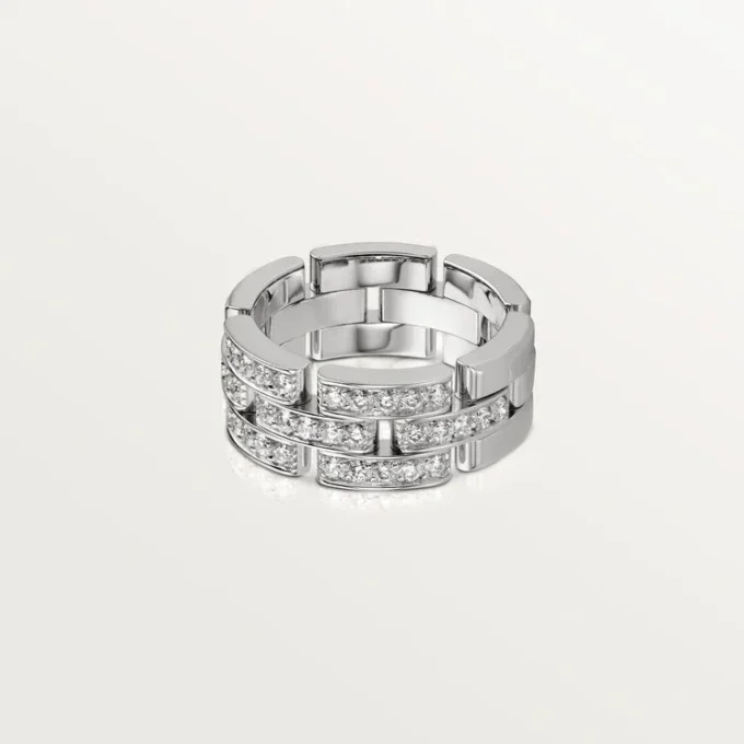 Anillo Maillon Panthere, 3 filas con medio pavé de diamantes – Oro blanco, diamantes – Cartier