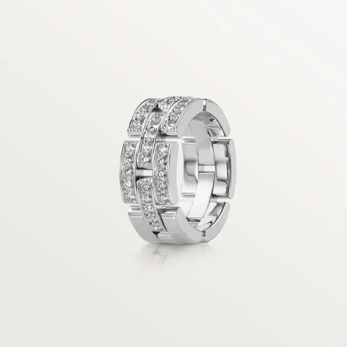 Anillo Maillon Panthere, 3 filas con medio pavé de diamantes – Oro blanco, diamantes – Cartier