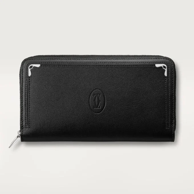 Billetera internacional con cremallera, Must de Cartier – Piel de becerro negra, acabado en paladio – Cartier Billetera internacional con cremallera, Must de Cartier – Piel de becerro negra, acabado en paladio – Cartier