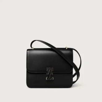 Bolso de hombro, Mini, Double C De Cartier – Piel de becerro negra, acabado en esmalte dorado y negro – Cartier