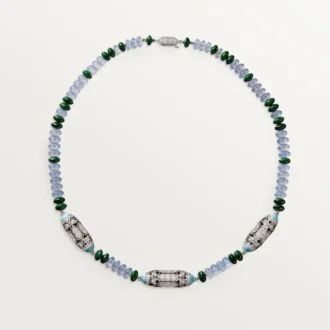 Collar de alta joyería – Oro blanco, calcedonia, skarn, turquesa, laca negra, diamantes – Cartier