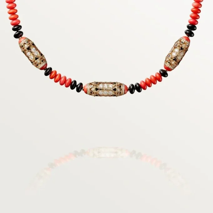 Collar de alta joyería – Oro rosa, coral, ónix, laca negra, diamantes – Cartier