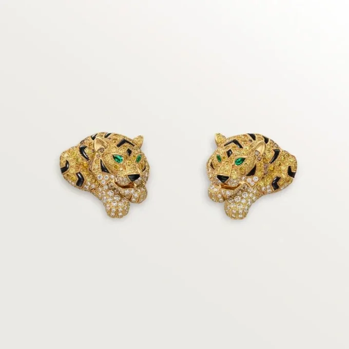 Pendientes Faune Et Flore De Cartier, diamantes amarillos, naranjas y marrones, pavé