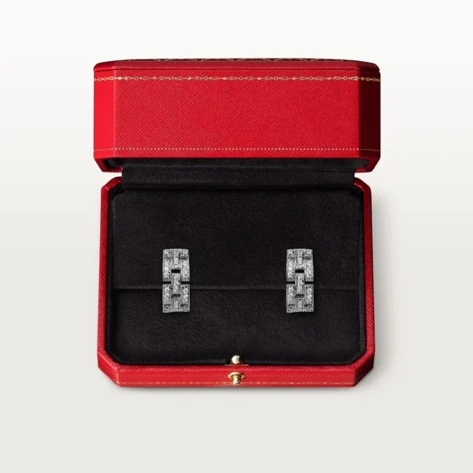 Pendientes Maillon Panthere, 3 filas con pavé de diamantes – Oro blanco, diamantes – Cartier